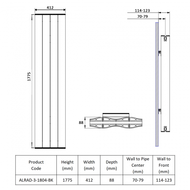 Prestige Vancouver Double Vertical Aluminium Radiator 1775mm H x 412mm W - Black  | Dimension Image