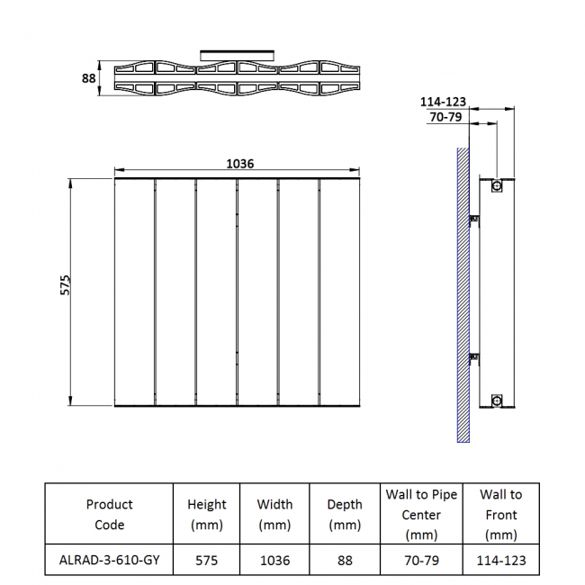 Prestige Vancouver Double Horizontal Aluminium Radiator 575mm H x 1036mm W - Grey  | Dimension Image