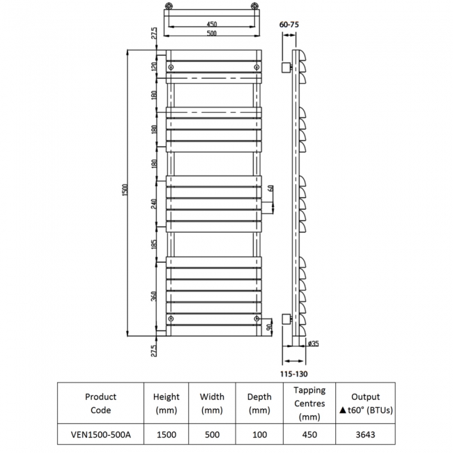 Prestige Venetian Designer Towel Rail 1500mm H X 500mm W - Anthracite  | Dimension Image