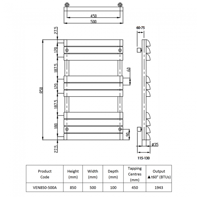 Prestige Venetian Designer Towel Rail 850mm H X 500mm W - Anthracite  | Dimension Image