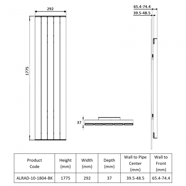 Prestige Victoria Single Vertical Aluminium Radiator 1775mm H x 292mm W - Black  | Dimension Image