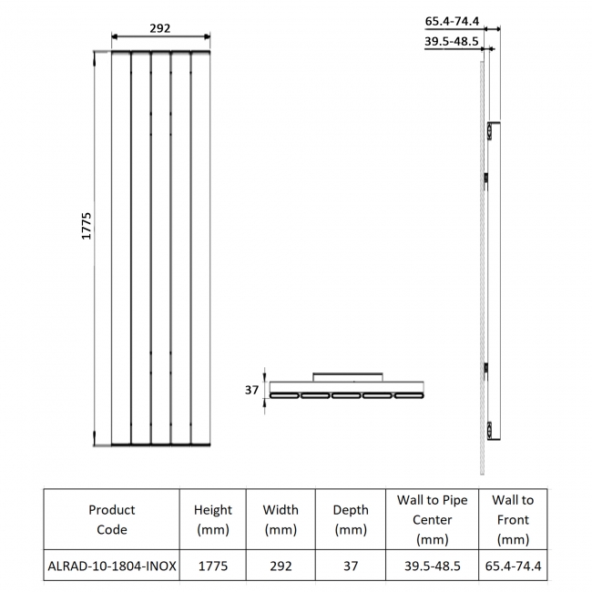 Prestige Victoria Single Vertical Aluminium Radiator 1775mm H x 292mm W - Inox  | Dimension Image