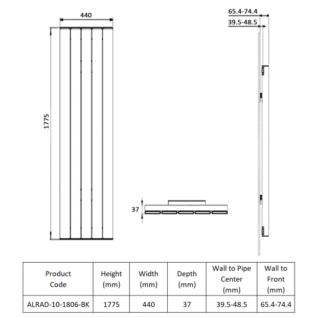 Prestige Victoria Single Vertical Aluminium Radiator 1775mm H x 440mm W - Black  | Dimension Image