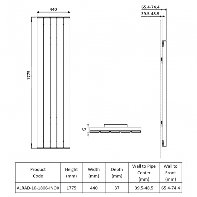 Prestige Victoria Single Vertical Aluminium Radiator 1775mm H x 440mm W - Inox  | Dimension Image