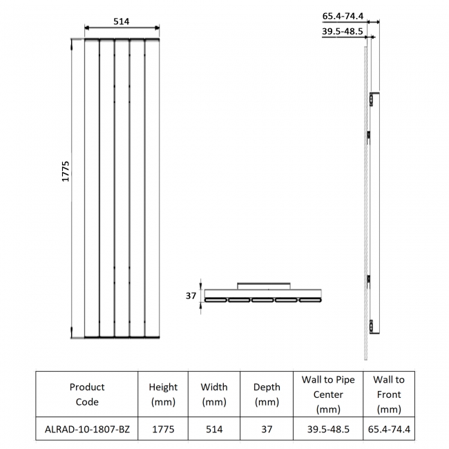 Prestige Victoria Single Vertical Aluminium Radiator 1775mm H x 514mm W - Bronze  | Dimension Image