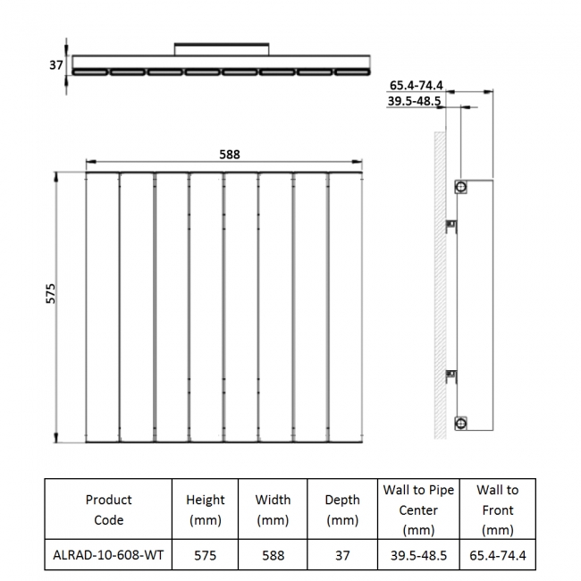 Prestige Victoria Single Horizontal Aluminium Radiator 575mm H x 588mm W - White  | Dimension Image