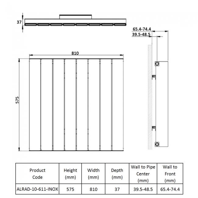 Prestige Victoria Single Horizontal Aluminium Radiator 575mm H x 810mm W - Inox  | Dimension Image