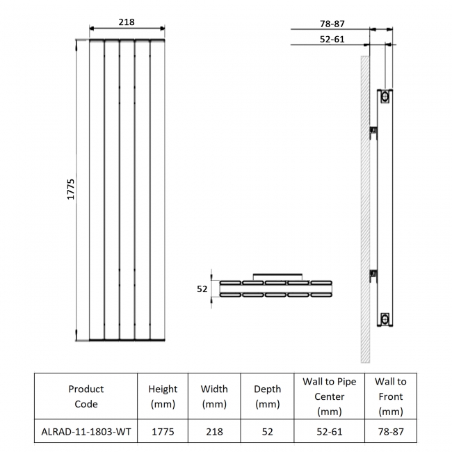 Prestige Victoria Double Vertical Aluminium Radiator 1775mm H x 218mm W - White  | Dimension Image