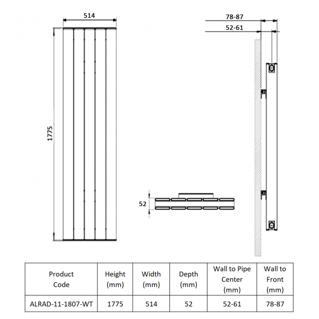 Prestige Victoria Double Vertical Aluminium Radiator 1775mm H x 514mm W - White  | Dimension Image