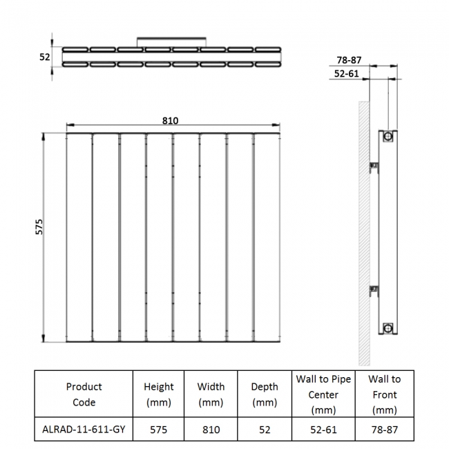 Prestige Victoria Double Horizontal Aluminium Radiator 575mm H x 810mm W - Grey  | Dimension Image