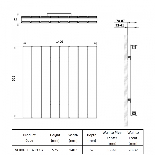 Prestige Victoria Double Horizontal Aluminium Radiator 575mm H x 1402mm W - Grey  | Dimension Image