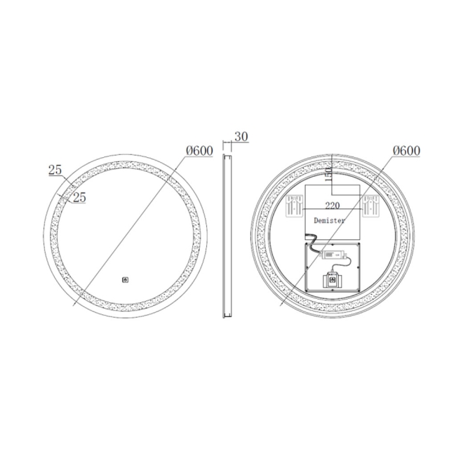 Prestige Vista Circular LED Bathroom Mirror 600mm Diameter  | Dimension Image