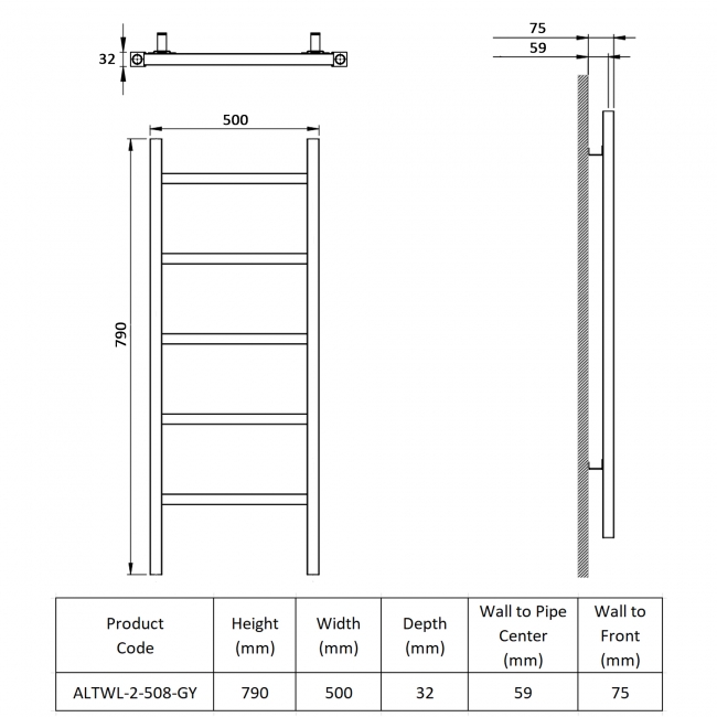 Prestige Welland Designer Heated Towel Rail 790mm H x 500mm W - Grey  | Dimension Image