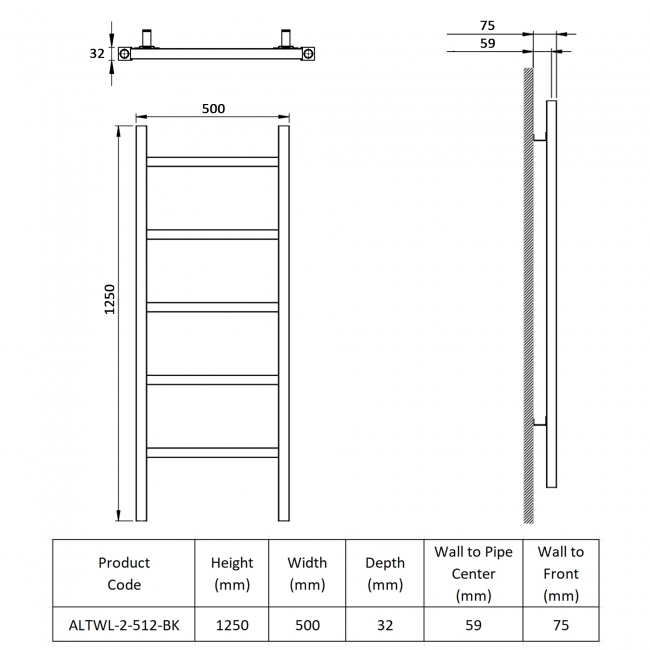 Prestige Welland Designer Heated Towel Rail 1250mm H x 500mm W - Black  | Dimension Image