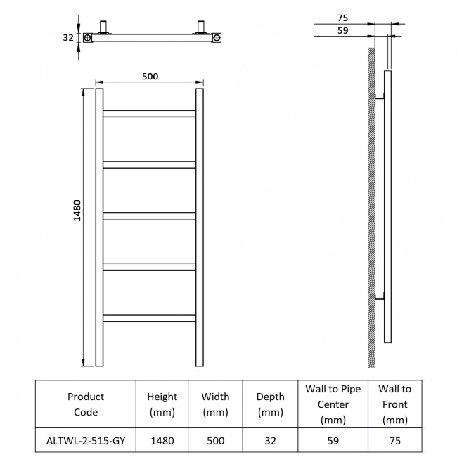 Prestige Welland Designer Heated Towel Rail 1480mm H x 500mm W - Grey  | Dimension Image