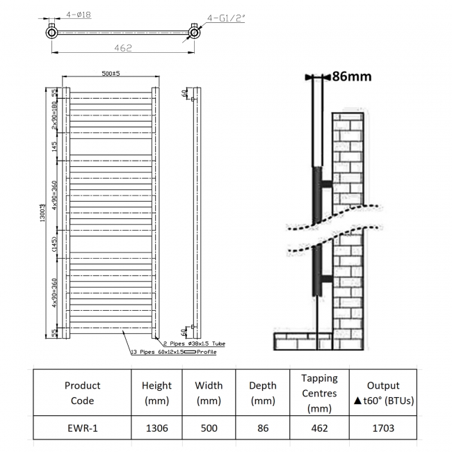Prestige York Flat Panel Heated Towel Rail 1306mm H x 500mm W Chrome