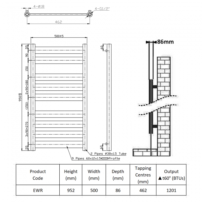Prestige York Flat Panel Heated Towel Rail 952mm H x 500mm W Chrome