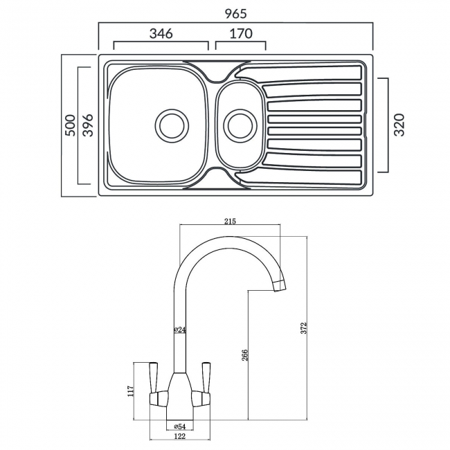 Prima 1.5 Bowl Kitchen Sink with Chelsea Sink Tap and inset Sink 965mm L x 500mm W - Stainless Steel/Chrome
