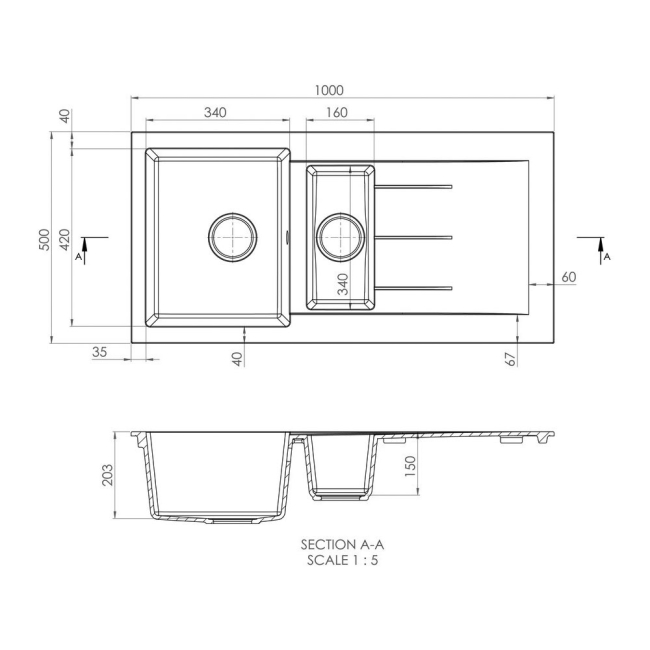 Prima+ Granite Composite 1.5 Bowl Inset Kitchen Sink with Waste Kit 1000mm L x 500mm W - Black  | Dimension Image