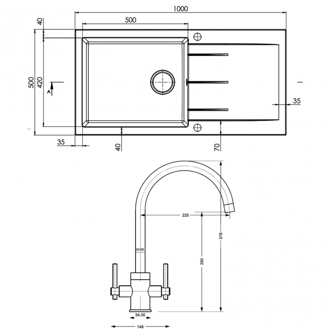 Prima+ Granite 1 Bowl inset Kitchen Sink With Swan Neck Mixer Tap Pack 1000mm L x 500mm W - Black