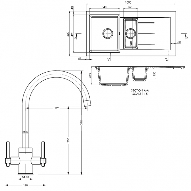 Prima+ Granite 1.5 Bowl inset Kitchen Sink With Swan Neck Mixer Tap 1000mm L x 500mm W - Black