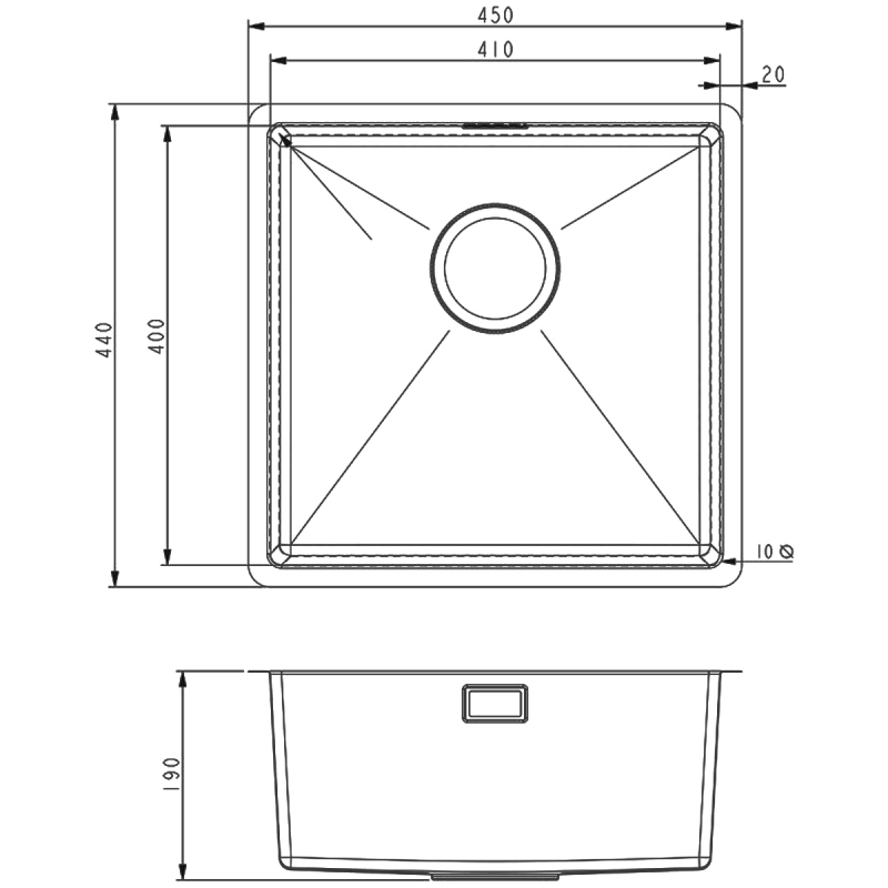 Prima+ R10 1.0 Bowl Undermount/Inset Kitchen Sink with Waste Kit 440mm L x 450mm W - Stainless Steel  | Dimension Image