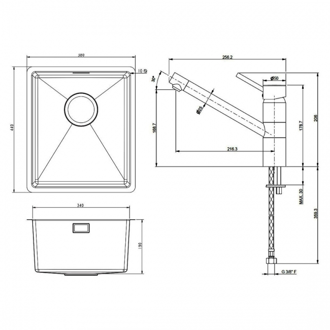 Prima+ R10 Compact 1.0 Bowl Inset/Undermount Kitchen Sink With Murray Tap 440mm L x 380mm W - Stainless Steel/Chrome  | Dimension Image