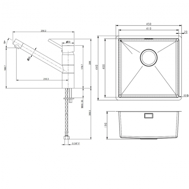 Prima+ R10 1.0 Bowl Large Inset/Undermount Kitchen Sink With Murray Tap 450mm L x 440mm W - Stainless Steel/Chrome  | Dimension Image