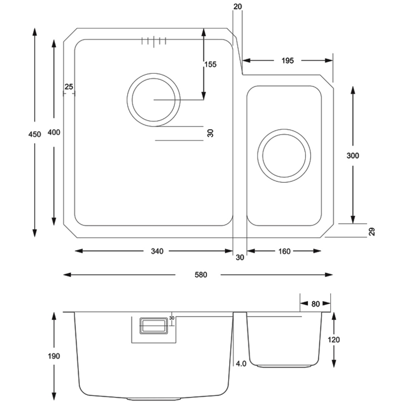Prima+ R25 1.5 Bowl Undermount Kitchen Sink LH with Waste Kit 580mm L x 450mm W - Stainless Steel