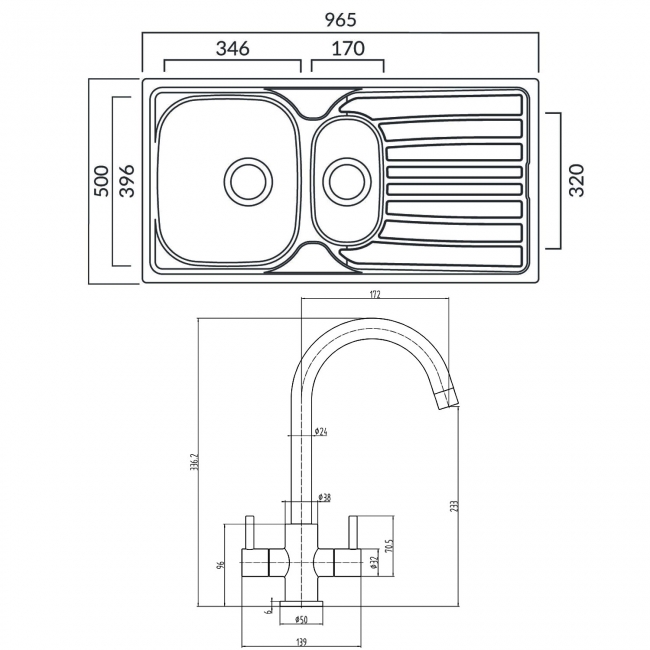 Prima 1.5 Bowl Kitchen Sink with Staten Sink Tap and inset Sink 965mm L x 500mm W - Stainless Steel/Chrome