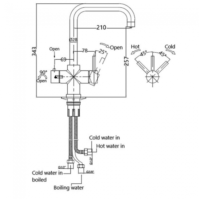 Prima 3 in 1 Hot Kitchen Sink Mixer Tap - Matt Black