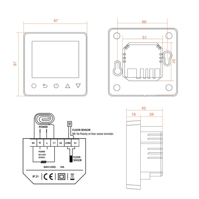 ProWarm ProTouch-E Electric WiFi Smart Thermostat with Floor Sensor - White  | Dimension Image