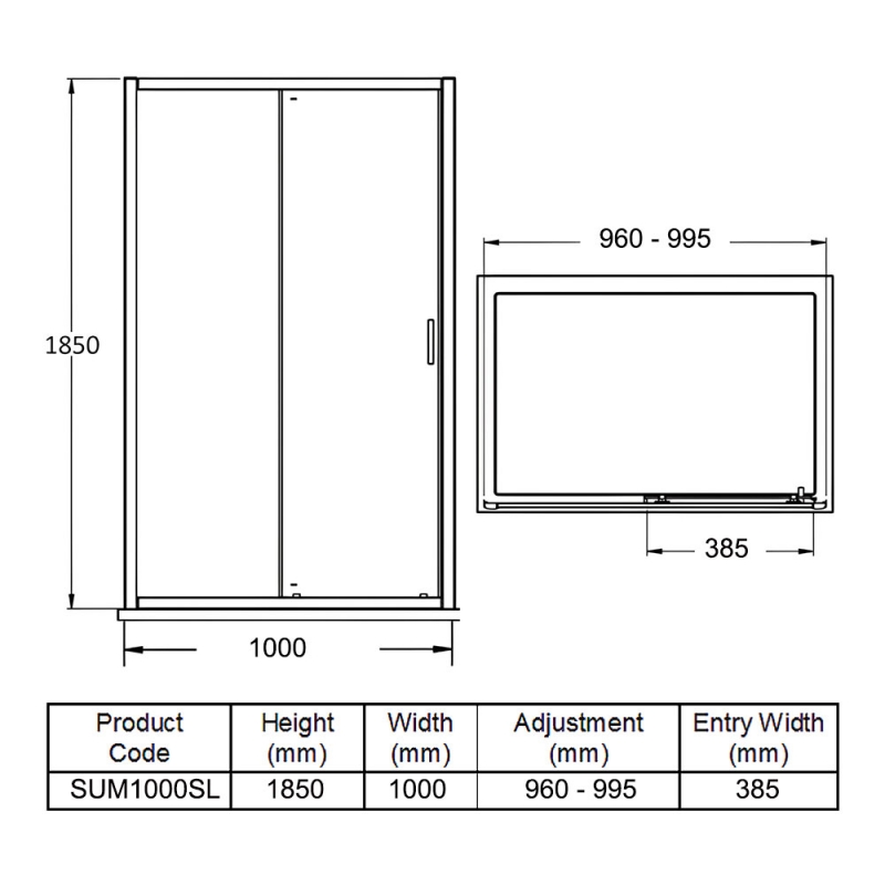 Purity Advantage Sliding Shower Door 1000mm Wide - 6mm Glass