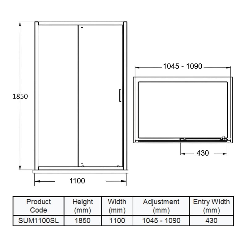 Purity Advantage Sliding Shower Door 1100mm Wide - 6mm Glass