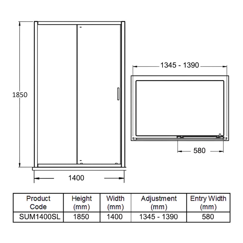 Delphi Advantage Sliding Shower Door 1400mm Wide - 6mm Glass  | Dimension Image