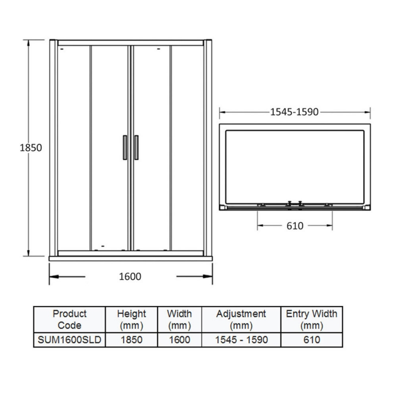Purity Advantage Double Sliding Shower Door 1600mm Wide - 6mm Glass