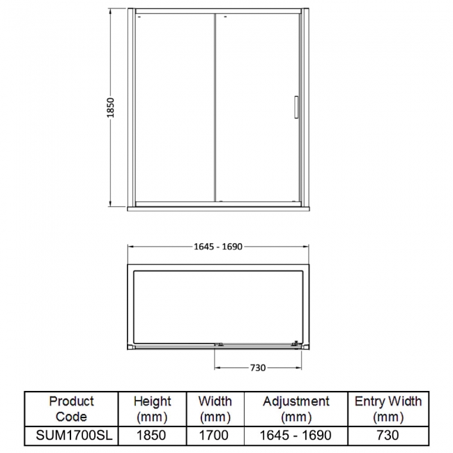 Delphi Advantage Sliding Shower Door 1700mm Wide - 6mm Glass  | Dimension Image