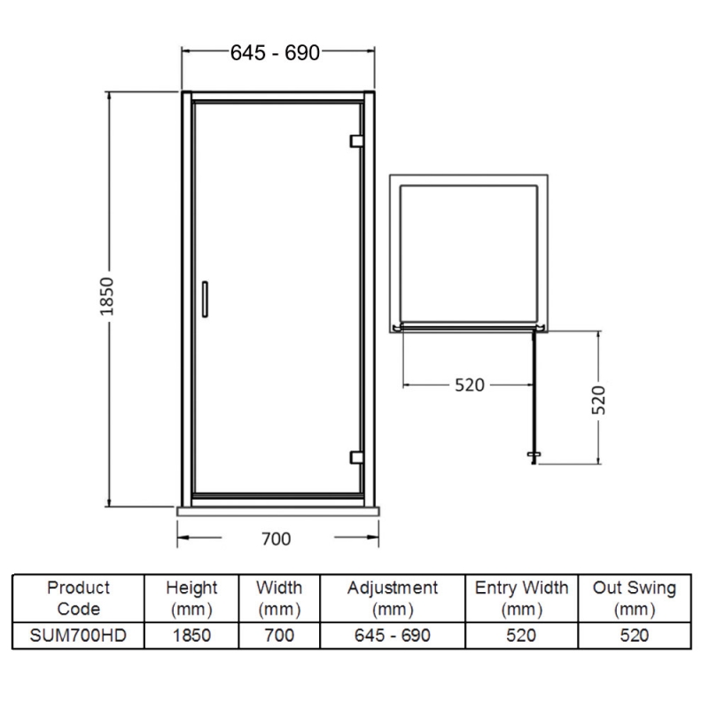 Purity Advantage Hinged Shower Door 700mm Wide - 6mm Glass