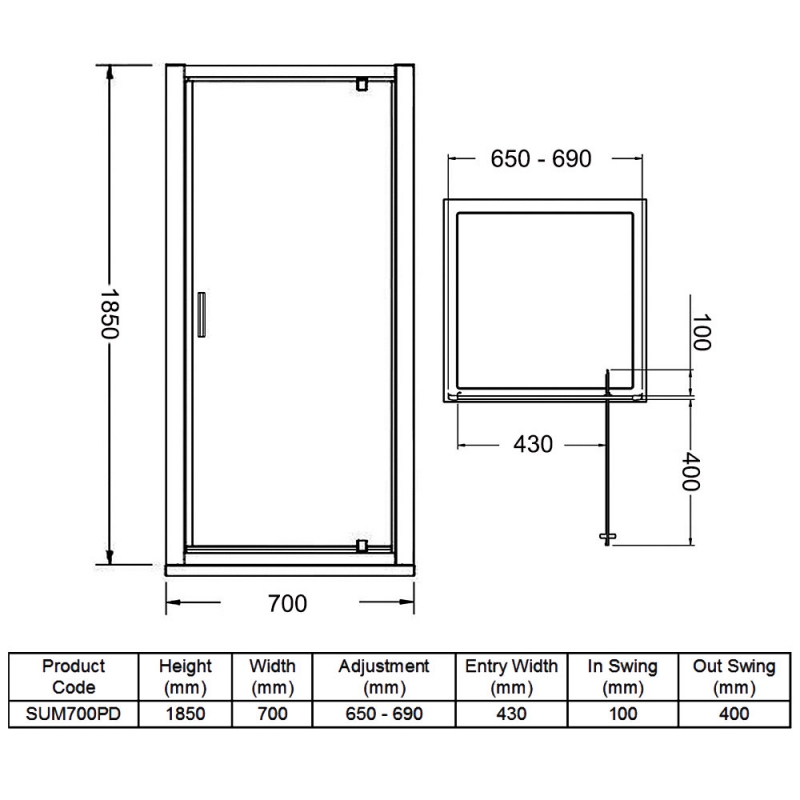 Purity Advantage Pivot Shower Door 700mm Wide - 6mm Glass