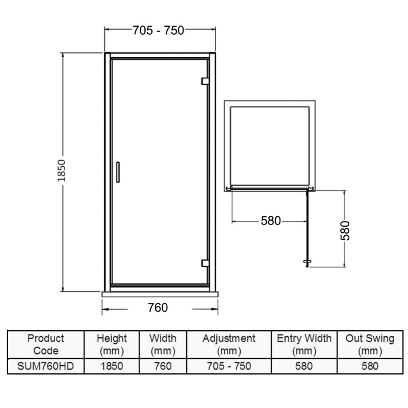 Delphi Advantage Hinged Shower Door 760mm Wide - 6mm Glass