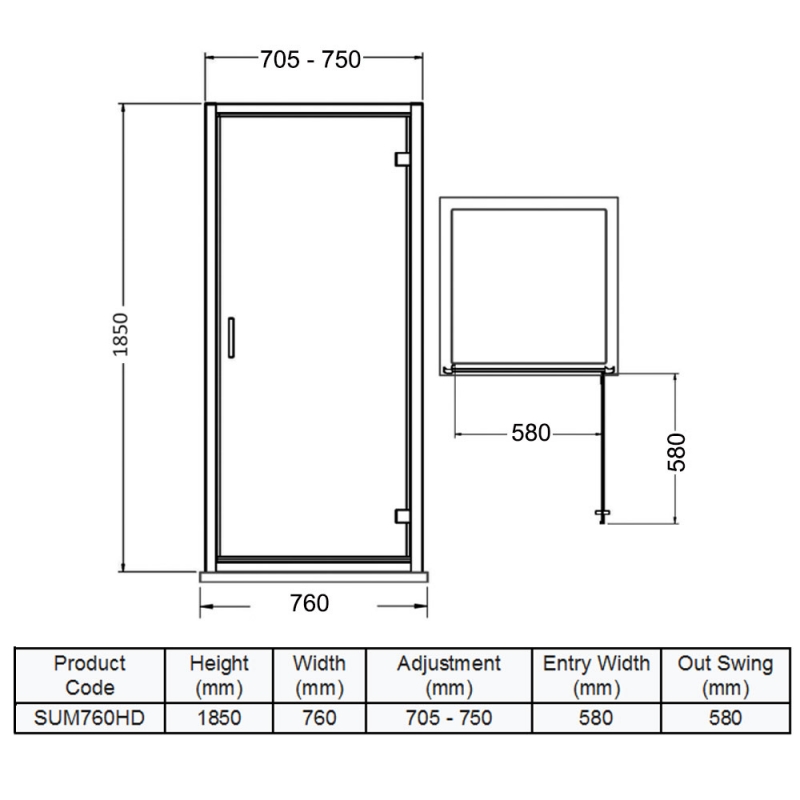 Purity Advantage Hinged Shower Door 760mm Wide - 6mm Glass