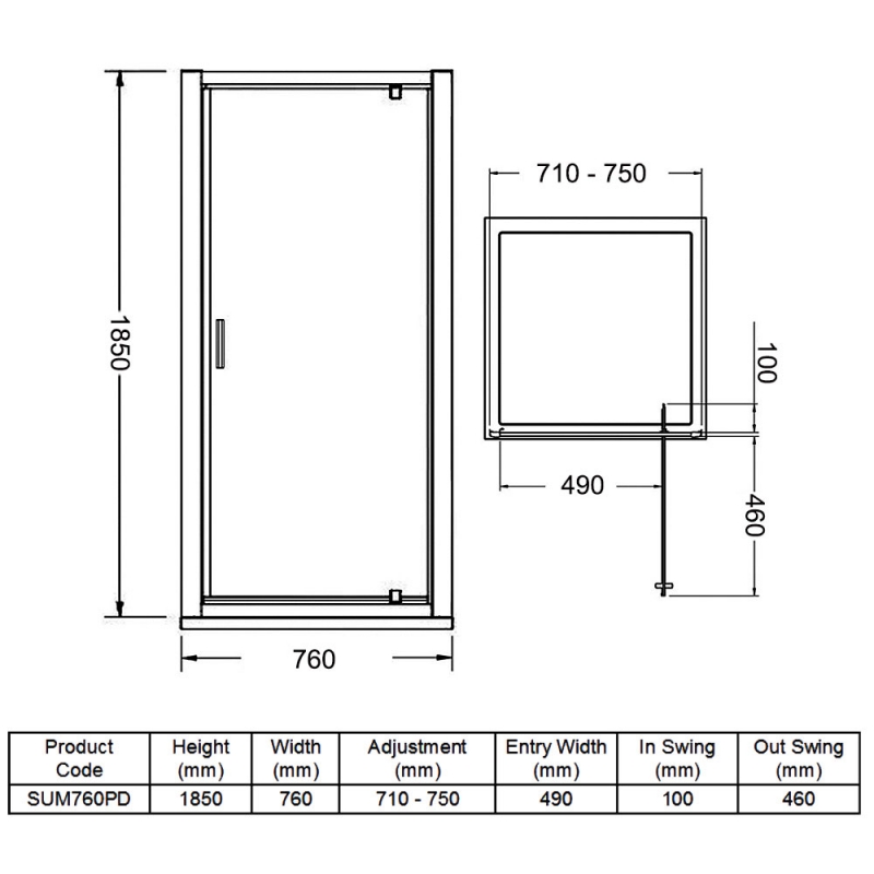 Purity Advantage Pivot Shower Door 760mm Wide - 6mm Glass