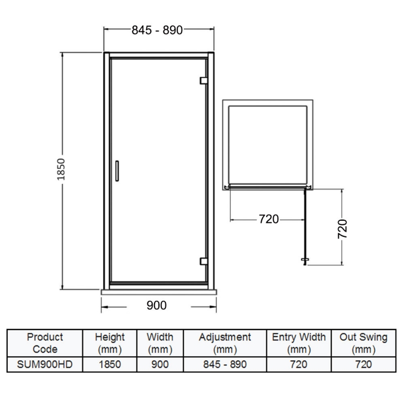 Delphi Advantage Hinged Shower Door 900mm Wide - 6mm Glass  | Dimension Image