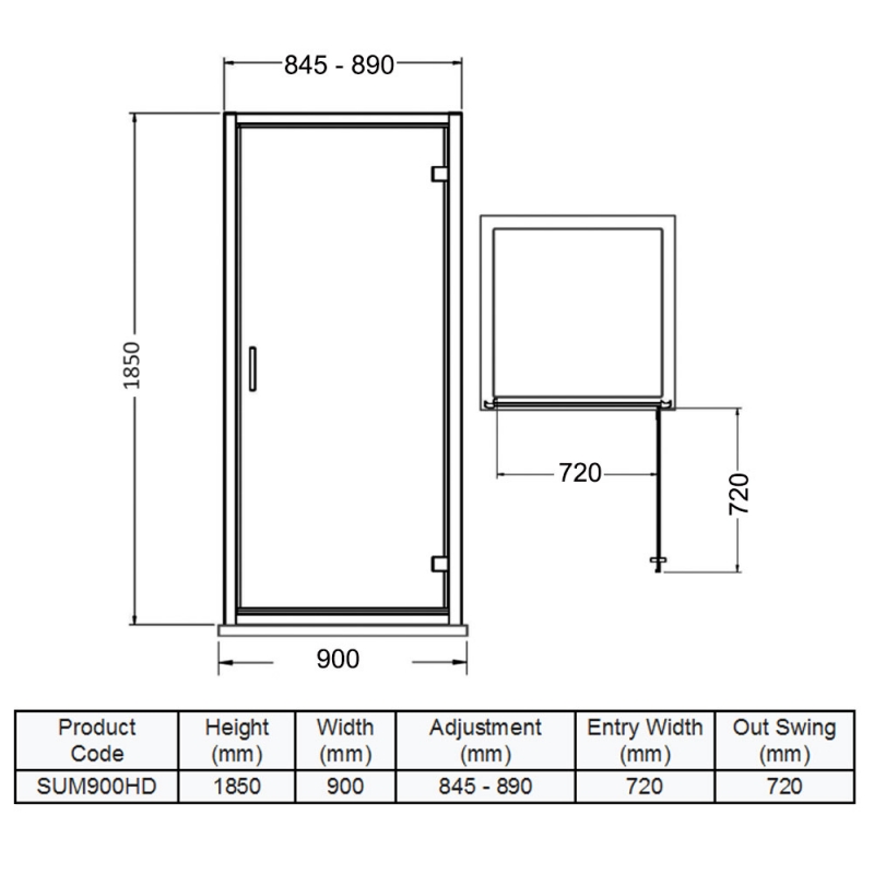 Purity Advantage Hinged Shower Door 900mm Wide - 6mm Glass