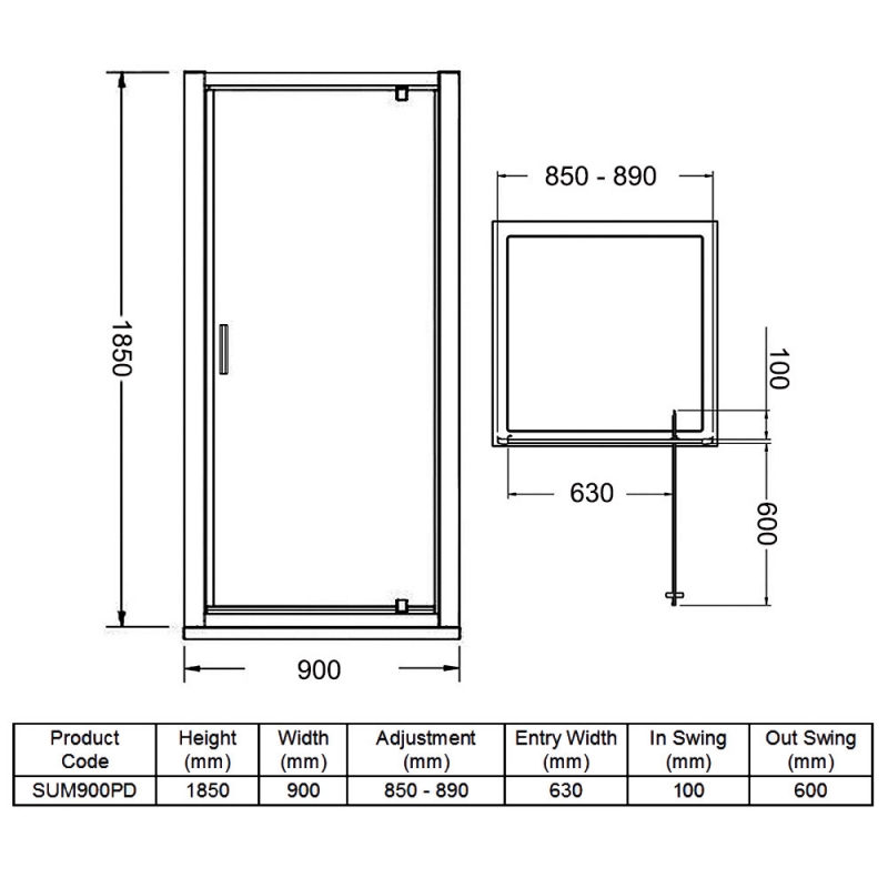Purity Advantage Pivot Shower Door 900mm Wide - 6mm Glass