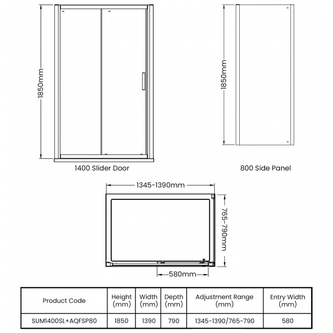 Delphi Advantage Sliding Door Rectangular Shower Enclosure 1400mm x 800mm - 6mm Glass  | Dimension Image