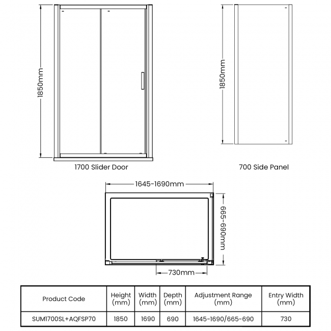 Delphi Advantage Sliding Door Rectangular Shower Enclosure 1700mm x 700mm - 6mm Glass  | Dimension Image