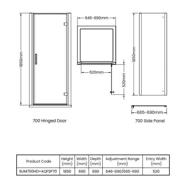 Delphi Advantage Hinged Door Square Shower Enclosure 700mm x 700mm - 6mm Glass  | Dimension Image