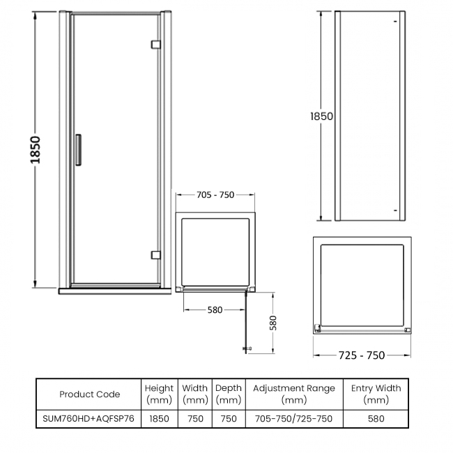 Delphi Advantage Hinged Door Square Shower Enclosure 760mm x 760mm - 6mm Glass  | Dimension Image