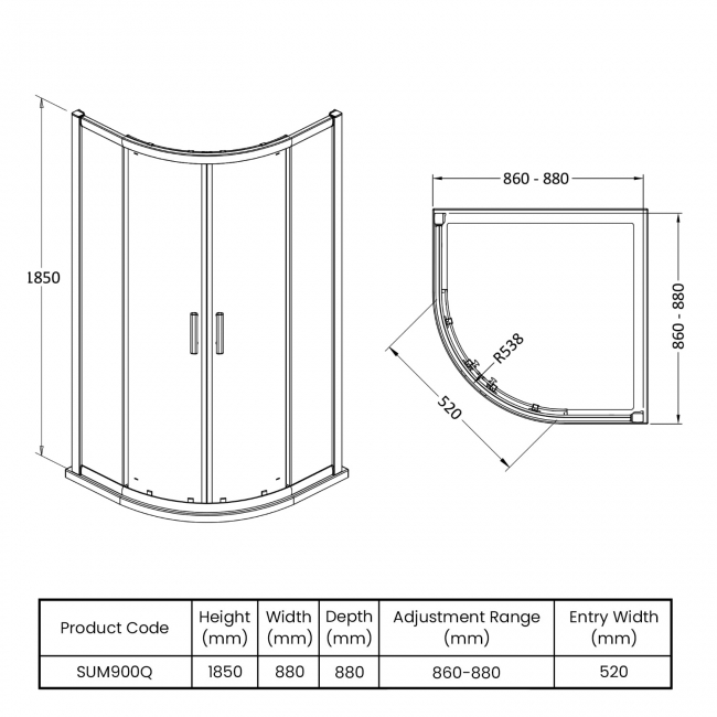 Delphi Advantage 2-Door Quadrant Shower Enclosure 900mm x 900mm - 6mm Glass  | Dimension Image